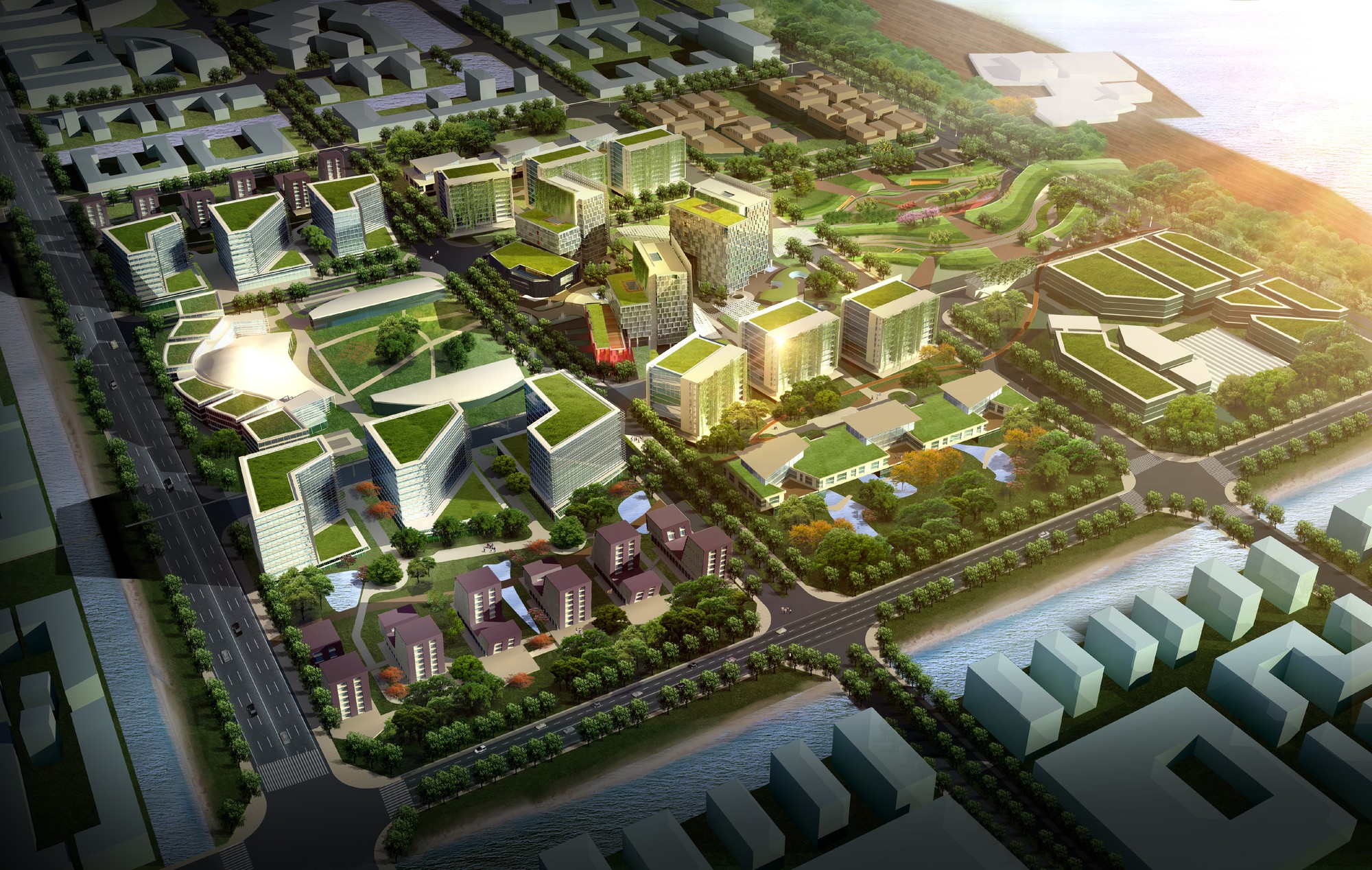 Nine mega-blocks for Caofeidian, knit together by pedestrian green corridors and a regular street grid