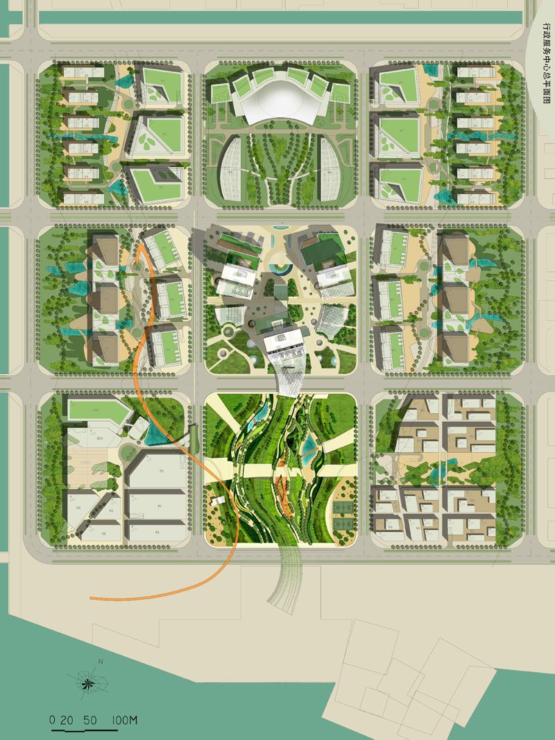 Nine mega-blocks for Caofeidian, knit together by pedestrian green corridors and a regular street grid