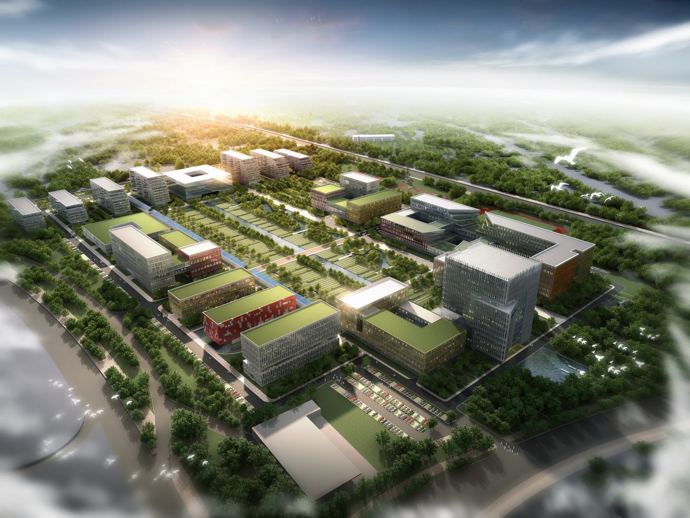 A landmark tower anchoring a 300,000 sqm campus of green-atrium office buildings