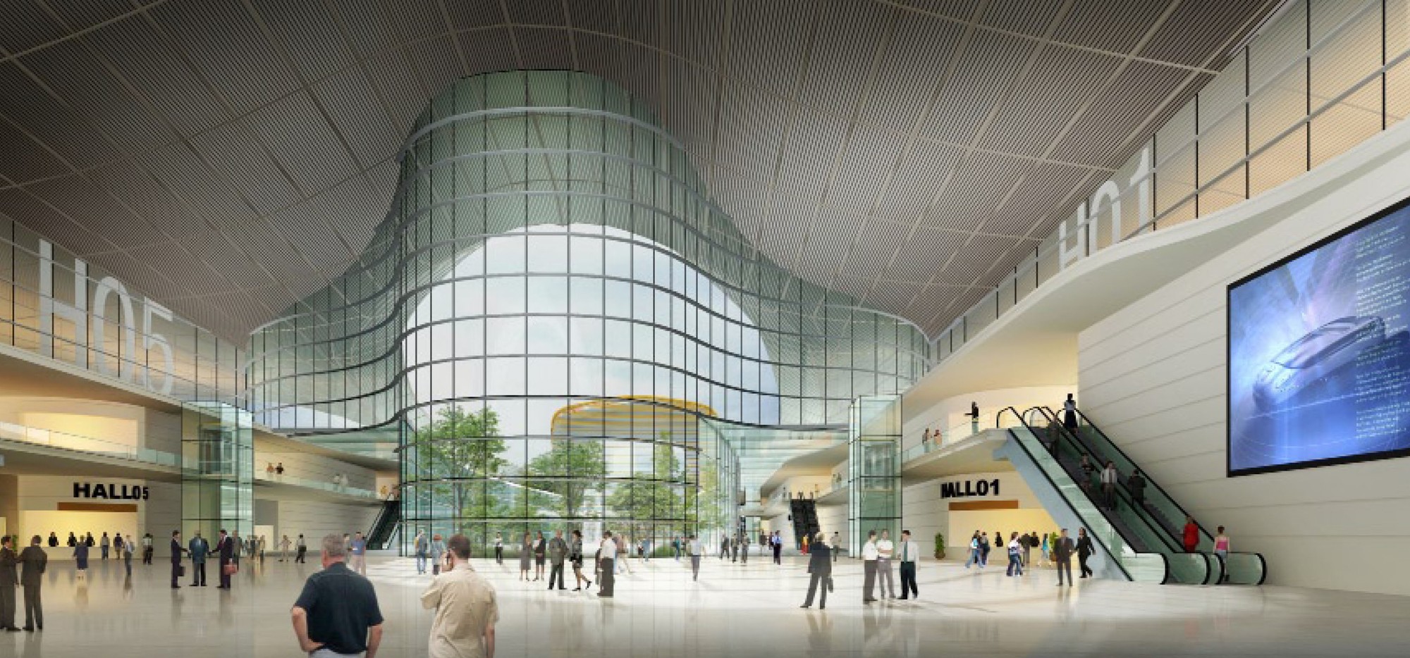 A roof shaped like a concept car, wrapping two exhibition wings