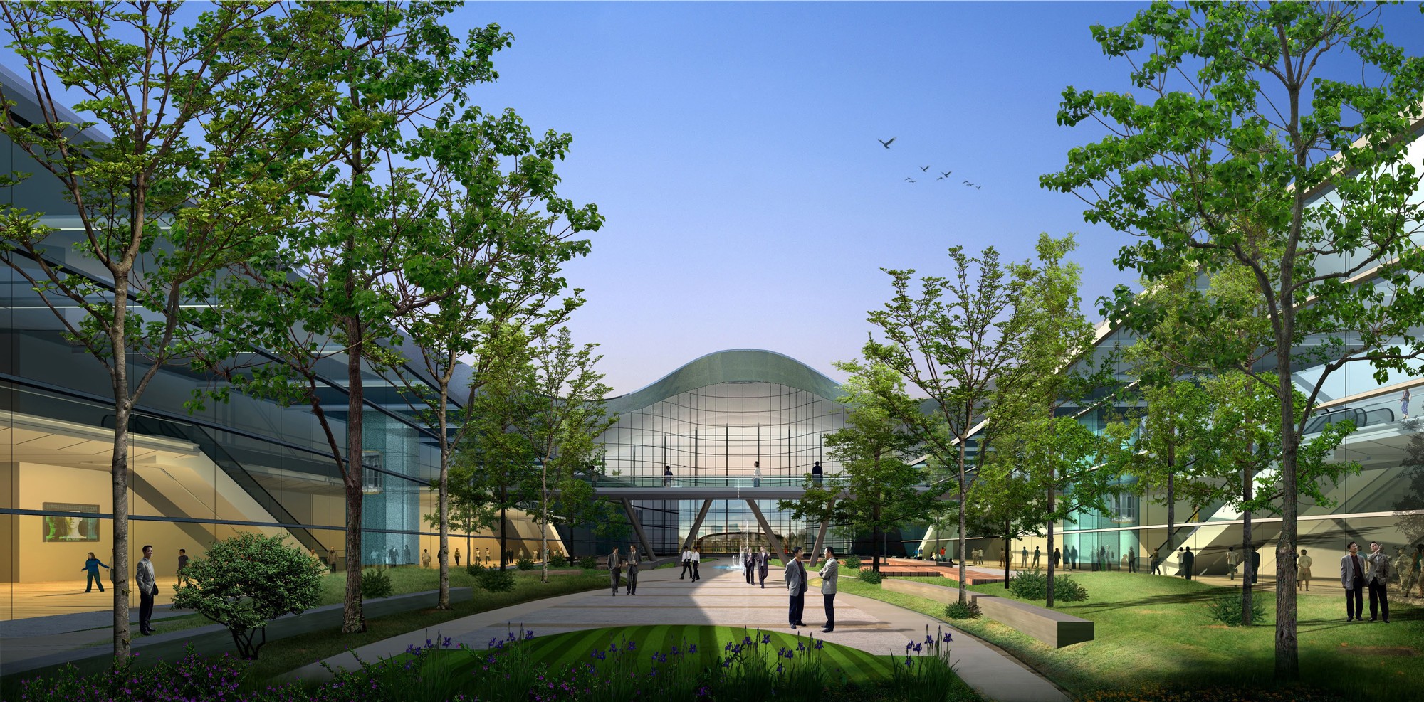 A roof shaped like a concept car, wrapping two exhibition wings